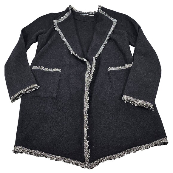 Karl Lagerfeld Womens Cardigan Wool Blend Pockets Tweed Fringe Black Old Money S - Picture 1 of 12